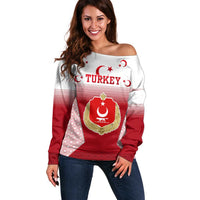 Turkey National Emblem and Cartoon Turkey Bird Off Shoulder Sweater with Red and White Gradient Design