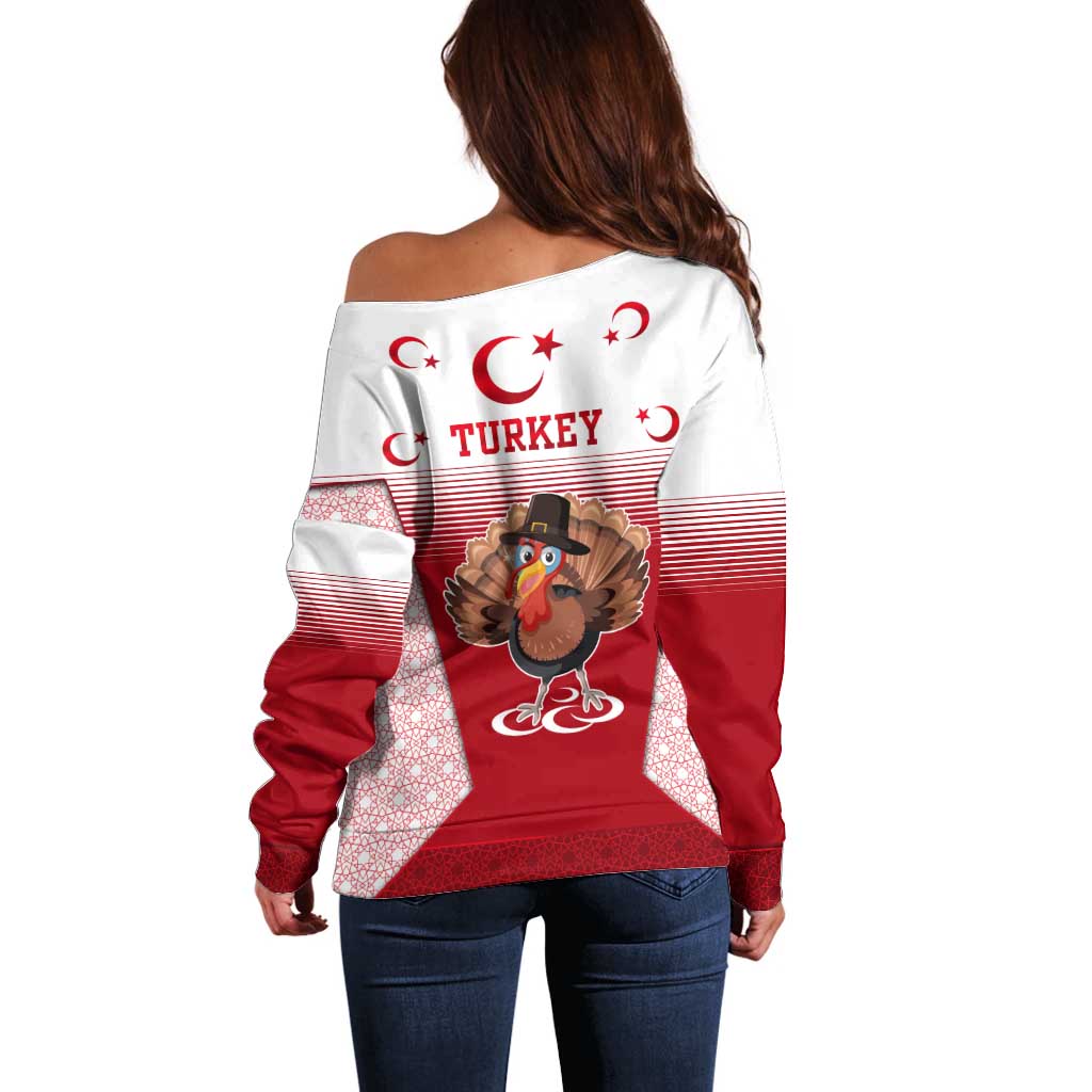 Turkey National Emblem and Cartoon Turkey Bird Off Shoulder Sweater with Red and White Gradient Design