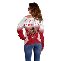 Turkey National Emblem and Cartoon Turkey Bird Off Shoulder Sweater with Red and White Gradient Design