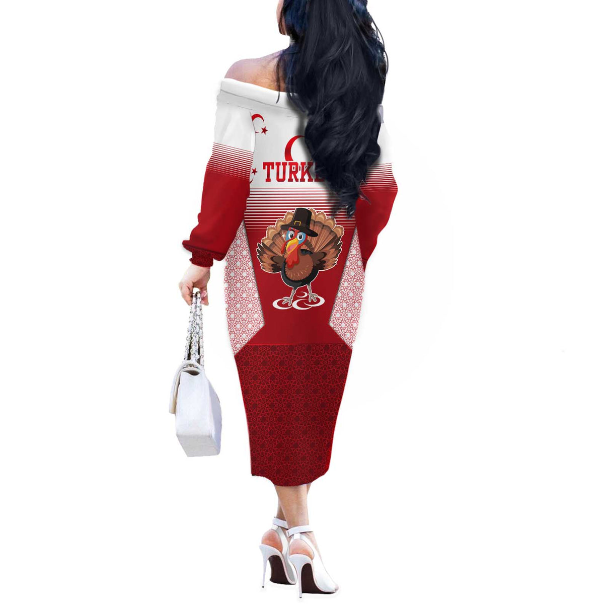 Turkey National Emblem and Cartoon Turkey Bird Off The Shoulder Long Sleeve Dress with Red and White Gradient Design