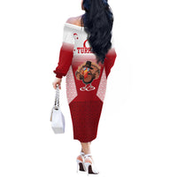 Turkey National Emblem and Cartoon Turkey Bird Off The Shoulder Long Sleeve Dress with Red and White Gradient Design