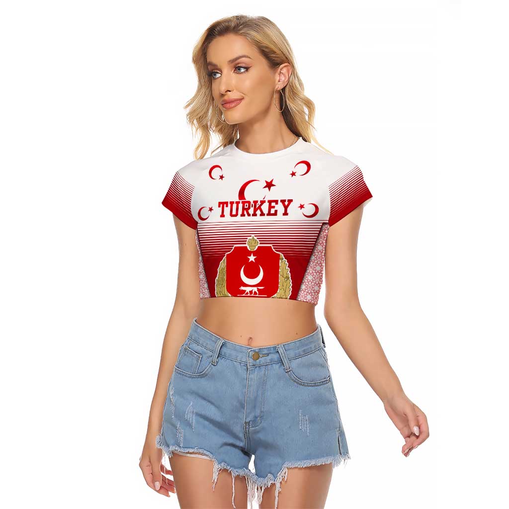 Turkey National Emblem and Cartoon Turkey Bird Raglan Cropped T Shirt with Red and White Gradient Design