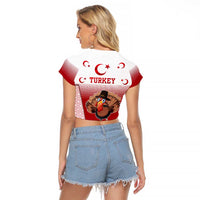 Turkey National Emblem and Cartoon Turkey Bird Raglan Cropped T Shirt with Red and White Gradient Design