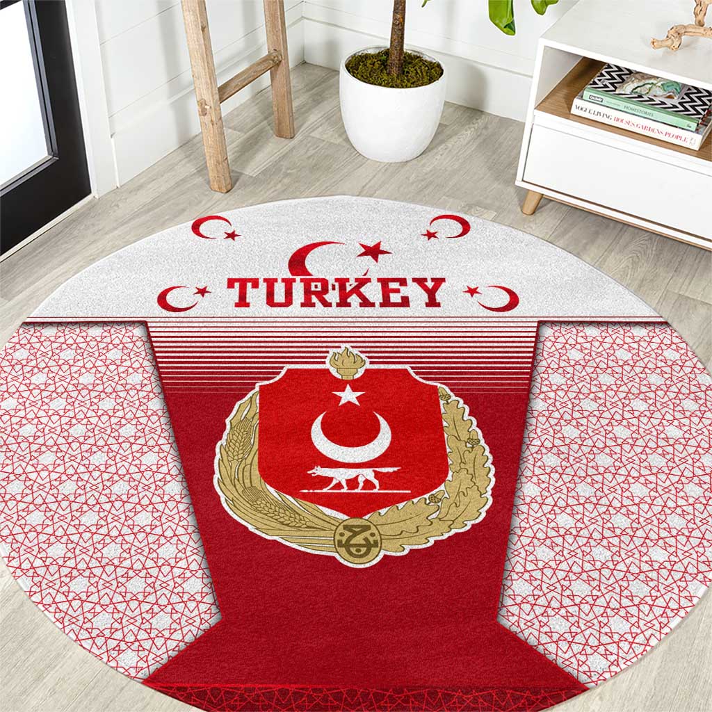 Turkey National Emblem and Cartoon Turkey Bird Round Carpet with Red and White Gradient Design