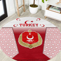 Turkey National Emblem and Cartoon Turkey Bird Round Carpet with Red and White Gradient Design