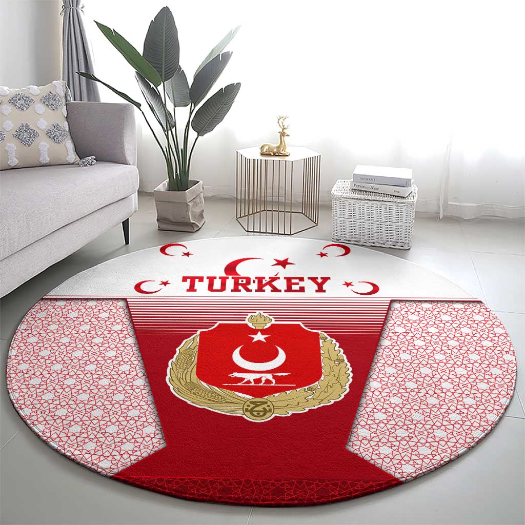 Turkey National Emblem and Cartoon Turkey Bird Round Carpet with Red and White Gradient Design