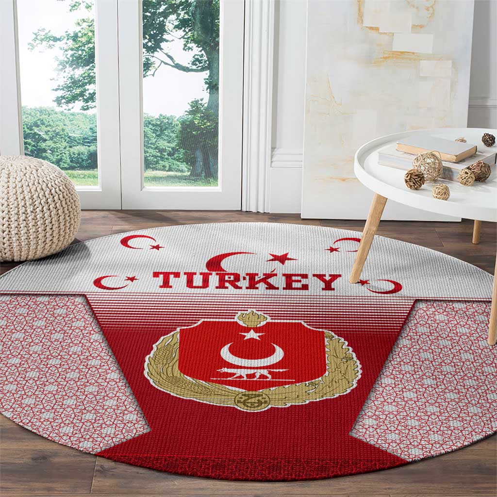 Turkey National Emblem and Cartoon Turkey Bird Round Carpet with Red and White Gradient Design