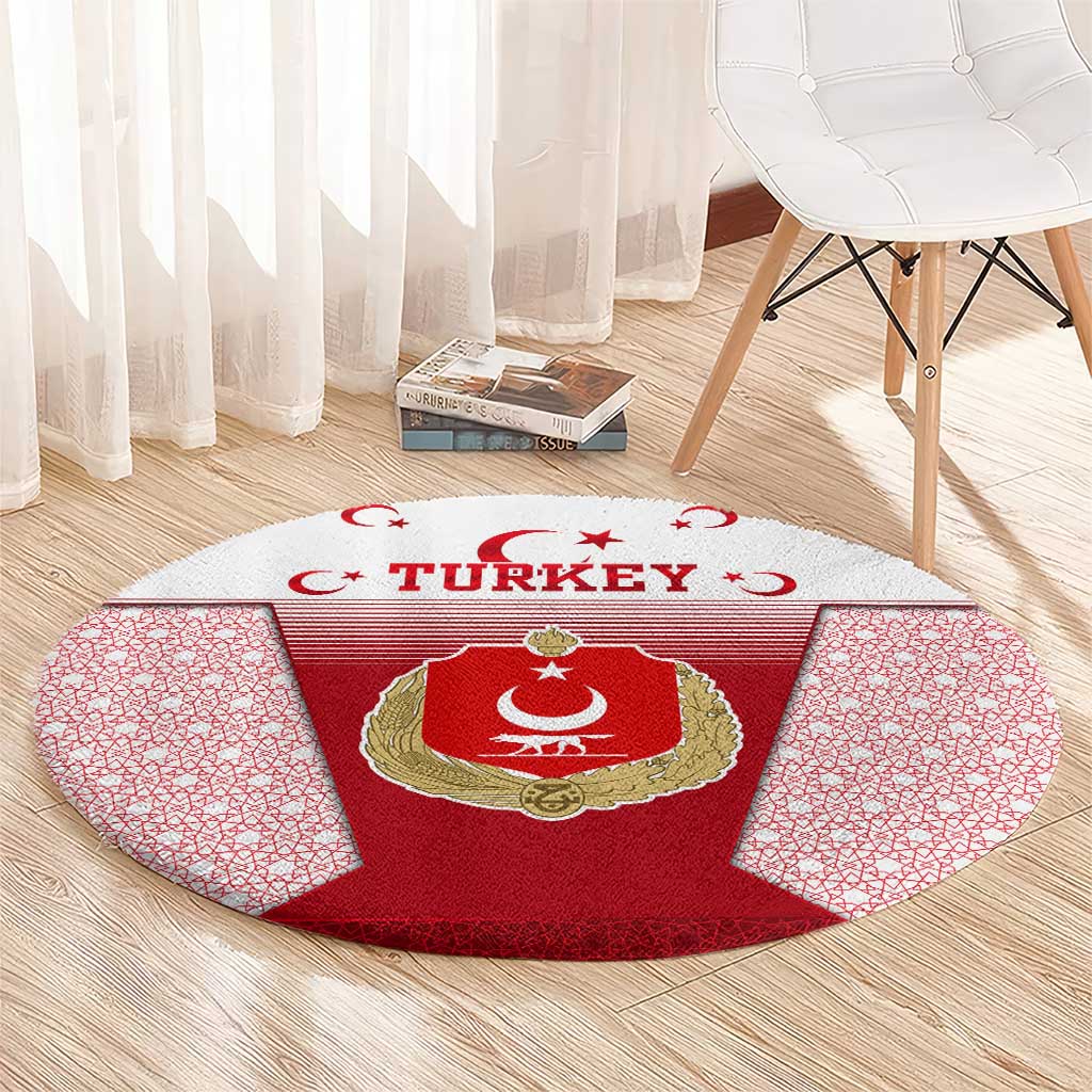 Turkey National Emblem and Cartoon Turkey Bird Round Carpet with Red and White Gradient Design