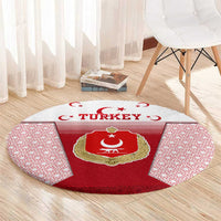 Turkey National Emblem and Cartoon Turkey Bird Round Carpet with Red and White Gradient Design