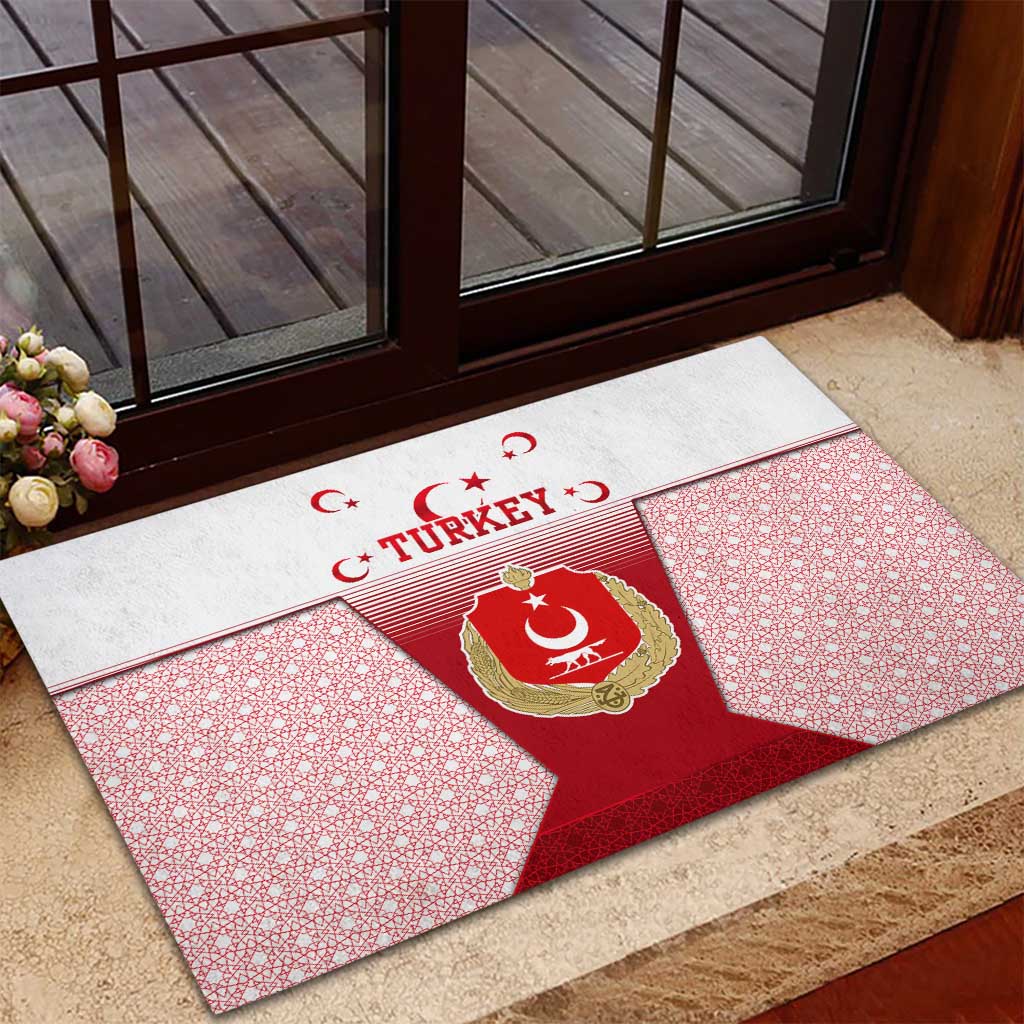 Turkey National Emblem and Cartoon Turkey Bird Rubber Doormat with Red and White Gradient Design