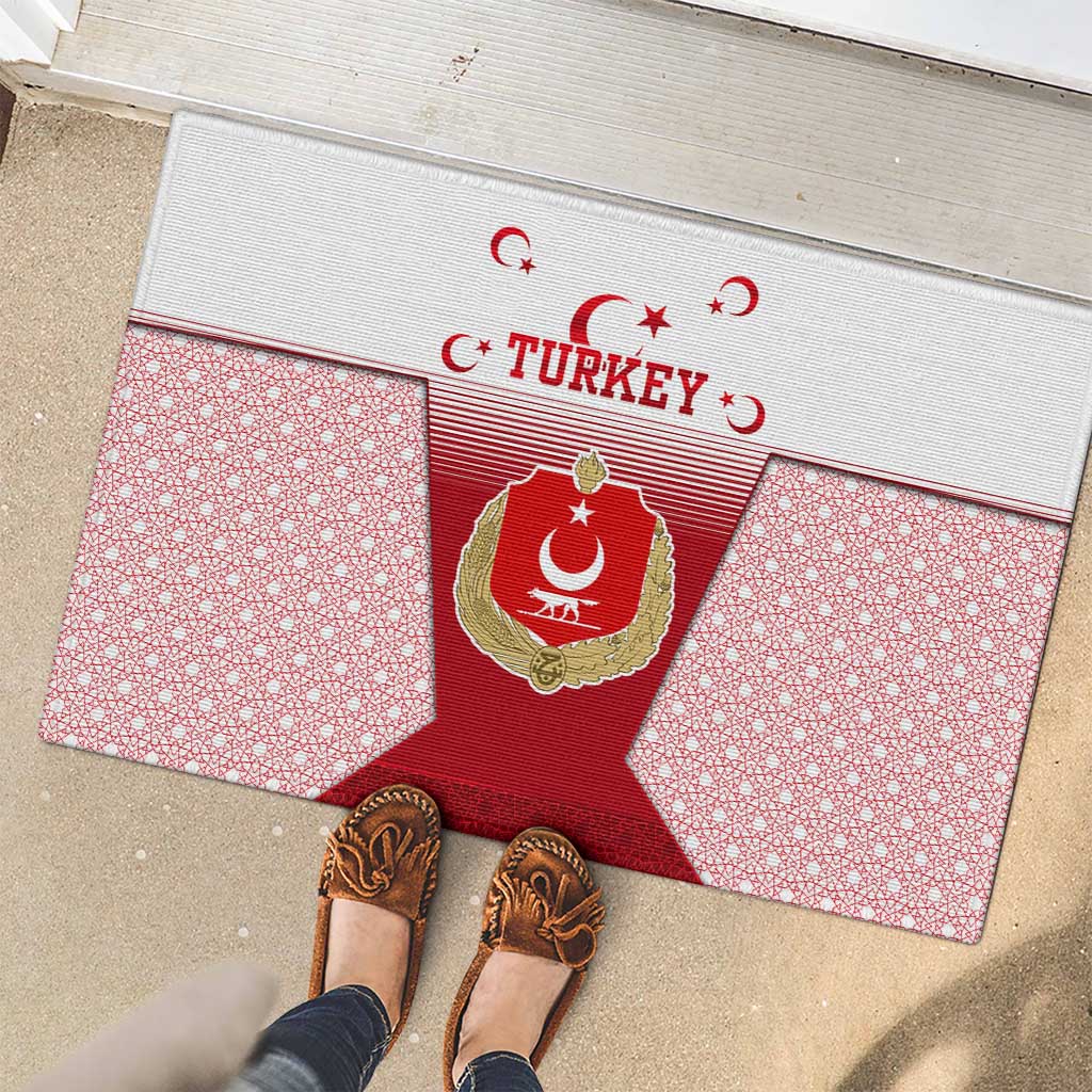 Turkey National Emblem and Cartoon Turkey Bird Rubber Doormat with Red and White Gradient Design