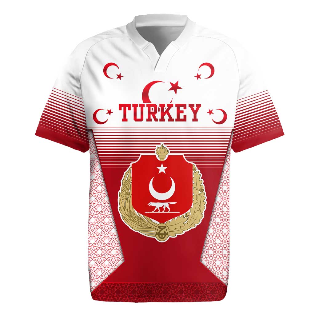 Turkey National Emblem and Cartoon Turkey Bird Rugby Jersey with Red and White Gradient Design