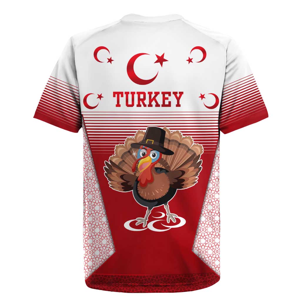 Turkey National Emblem and Cartoon Turkey Bird Rugby Jersey with Red and White Gradient Design