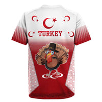 Turkey National Emblem and Cartoon Turkey Bird Rugby Jersey with Red and White Gradient Design