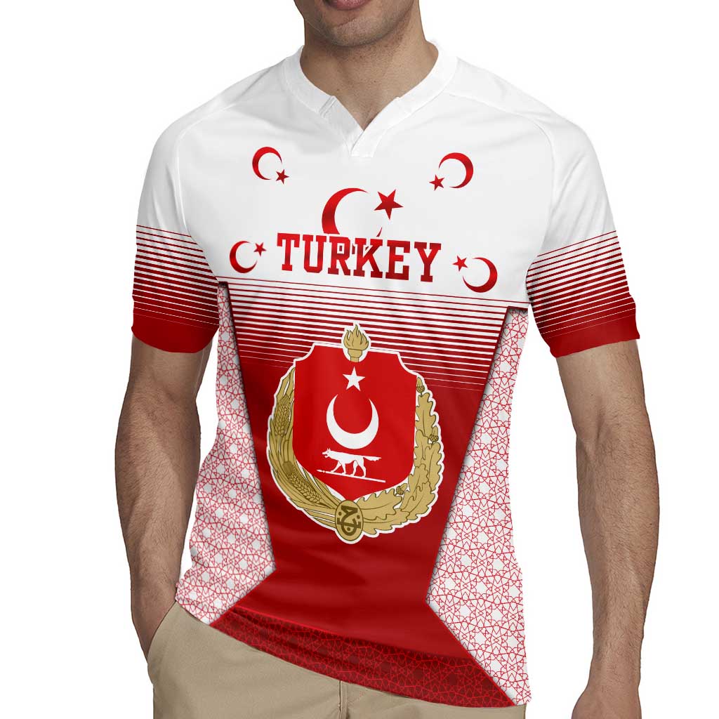 Turkey National Emblem and Cartoon Turkey Bird Rugby Jersey with Red and White Gradient Design