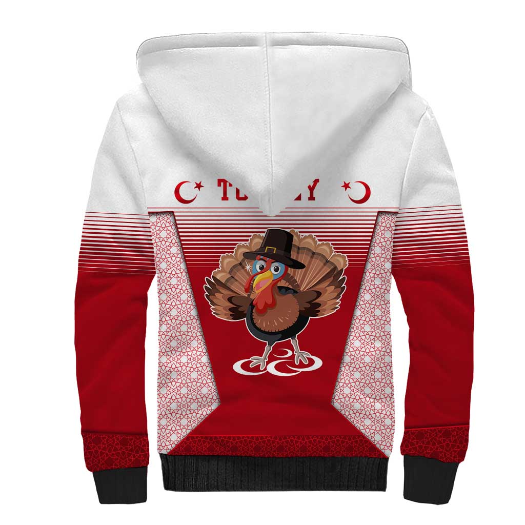 Turkey National Emblem and Cartoon Turkey Bird Sherpa Hoodie with Red and White Gradient Design