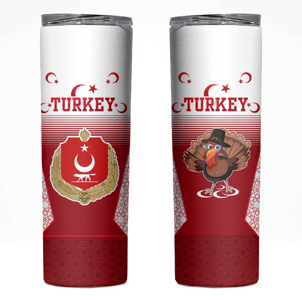Turkey National Emblem and Cartoon Turkey Bird Skinny Tumbler with Red and White Gradient Design
