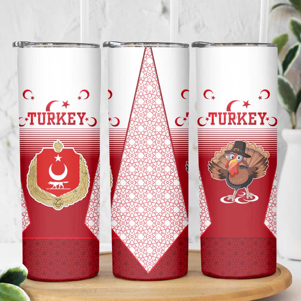Turkey National Emblem and Cartoon Turkey Bird Skinny Tumbler with Red and White Gradient Design