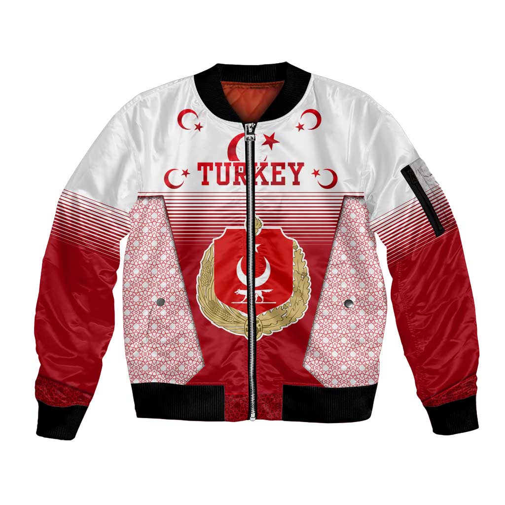 Turkey National Emblem and Cartoon Turkey Bird Sleeve Zip Bomber Jacket with Red and White Gradient Design