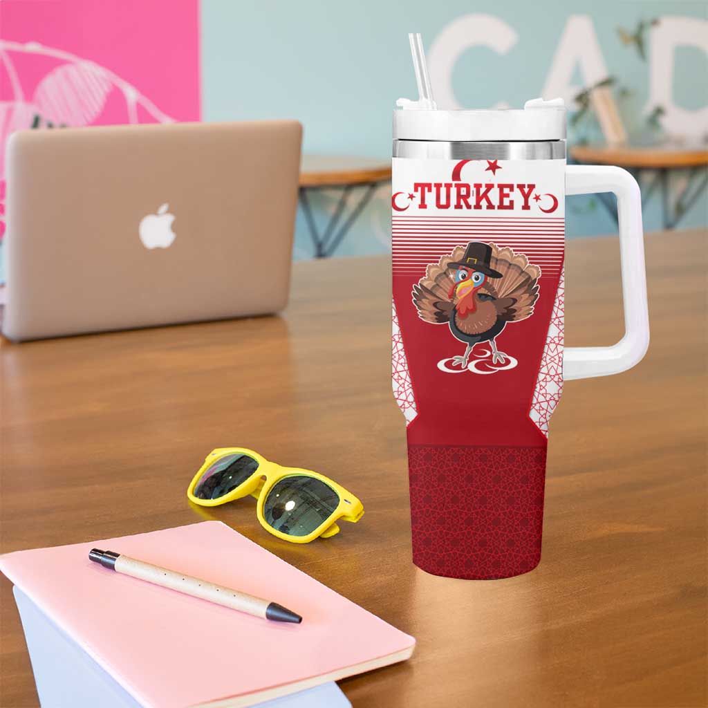 Turkey National Emblem and Cartoon Turkey Bird Tumbler With Handle with Red and White Gradient Design