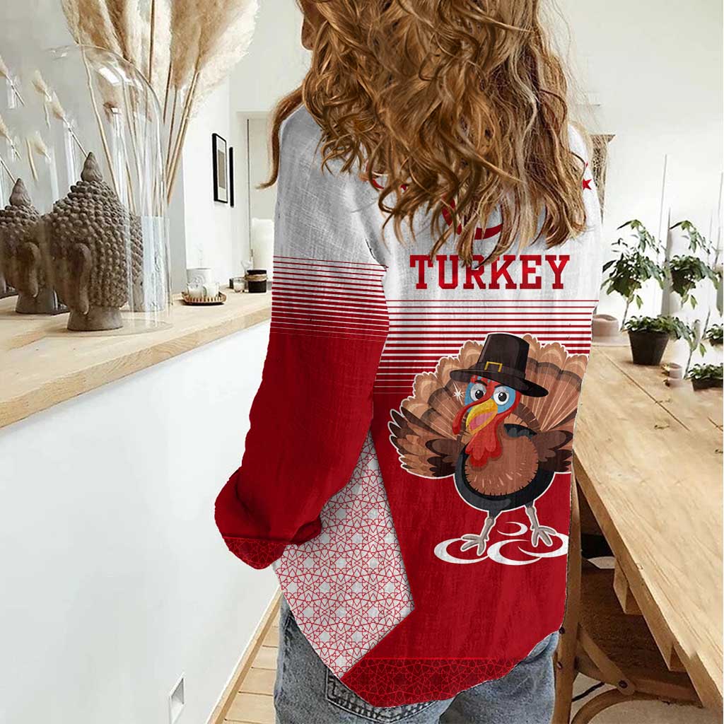 Turkey National Emblem and Cartoon Turkey Bird Women Casual Shirt with Red and White Gradient Design