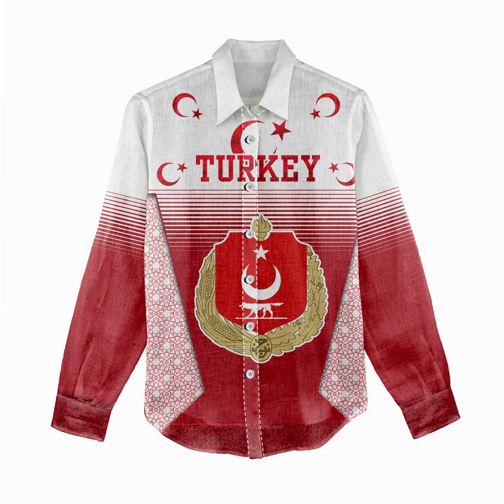 Turkey National Emblem and Cartoon Turkey Bird Women Casual Shirt with Red and White Gradient Design