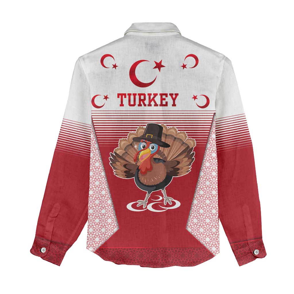 Turkey National Emblem and Cartoon Turkey Bird Women Casual Shirt with Red and White Gradient Design