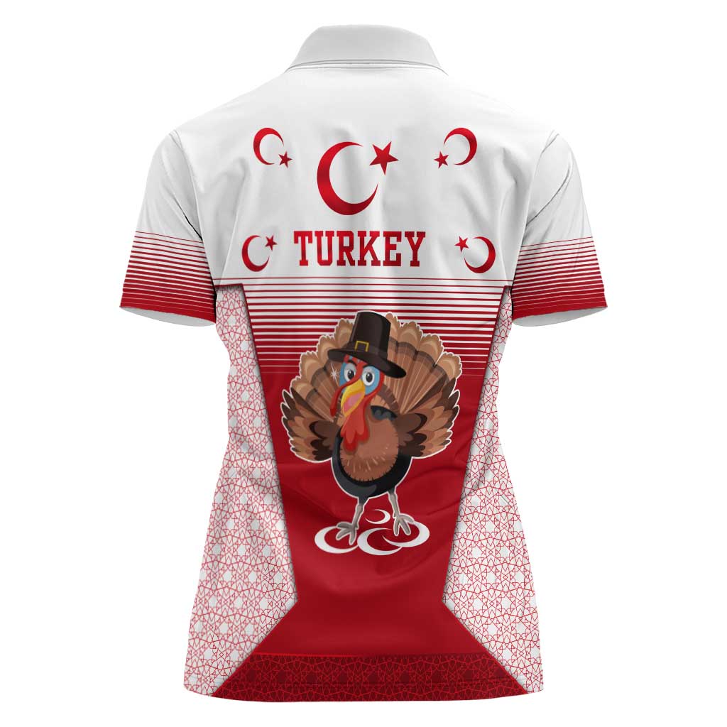 Turkey National Emblem and Cartoon Turkey Bird Women Polo Shirt with Red and White Gradient Design