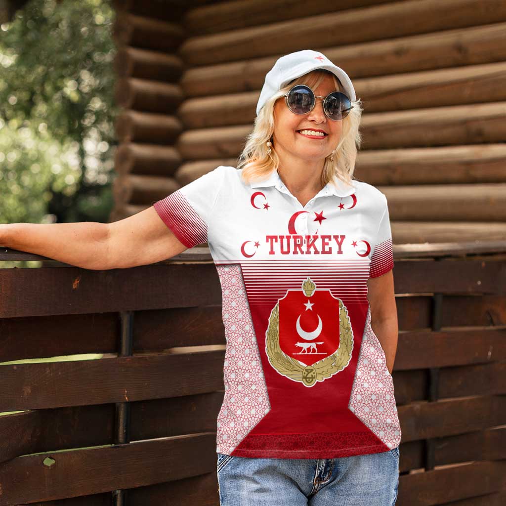 Turkey National Emblem and Cartoon Turkey Bird Women Polo Shirt with Red and White Gradient Design