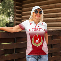 Turkey National Emblem and Cartoon Turkey Bird Women Polo Shirt with Red and White Gradient Design