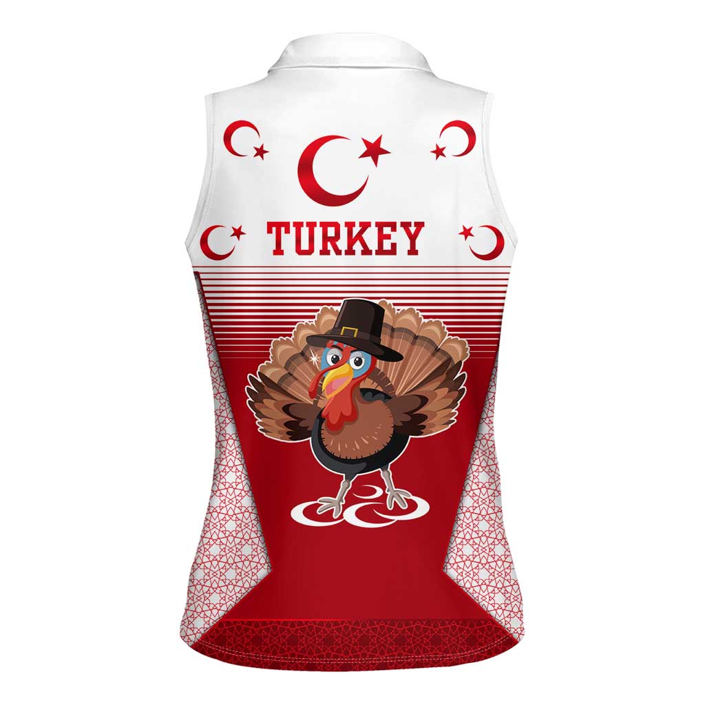 Turkey National Emblem and Cartoon Turkey Bird Women Sleeveless Polo Shirt with Red and White Gradient Design