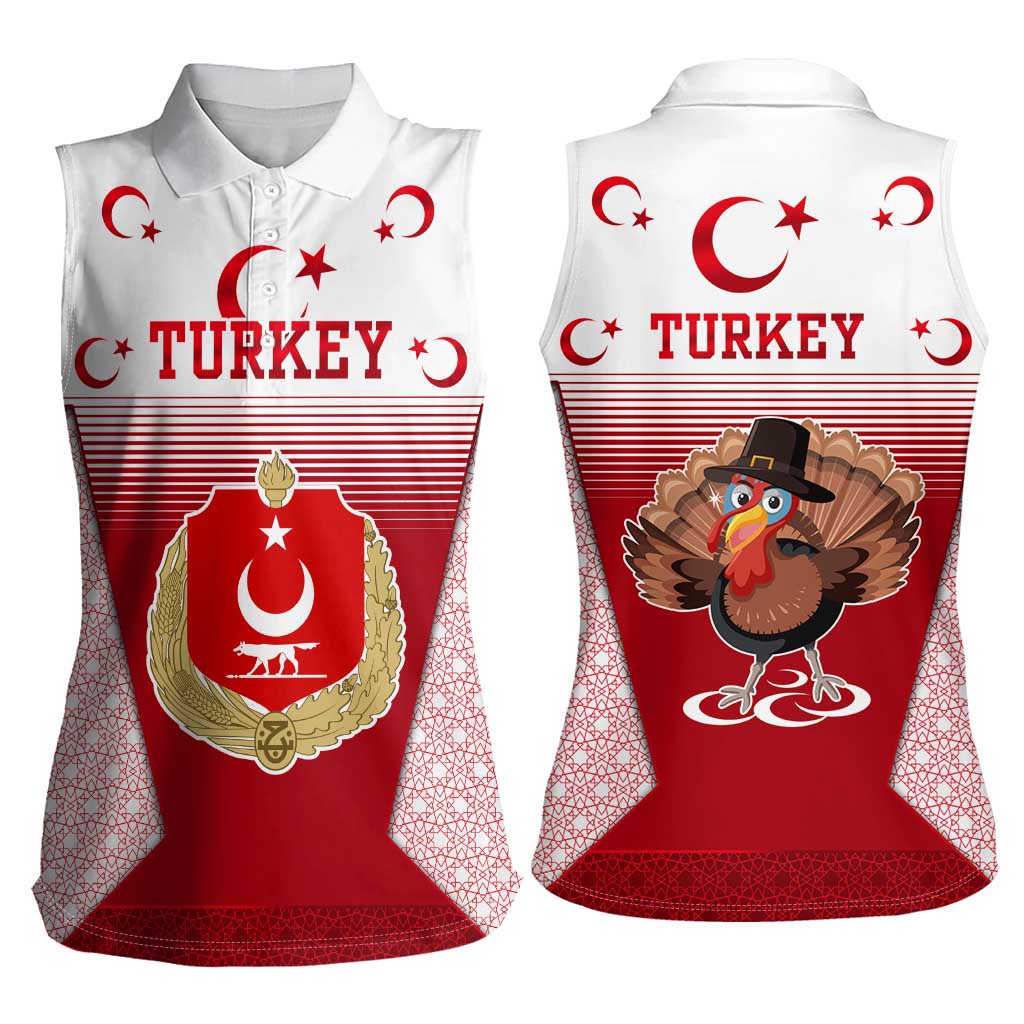 Turkey National Emblem and Cartoon Turkey Bird Women Sleeveless Polo Shirt with Red and White Gradient Design