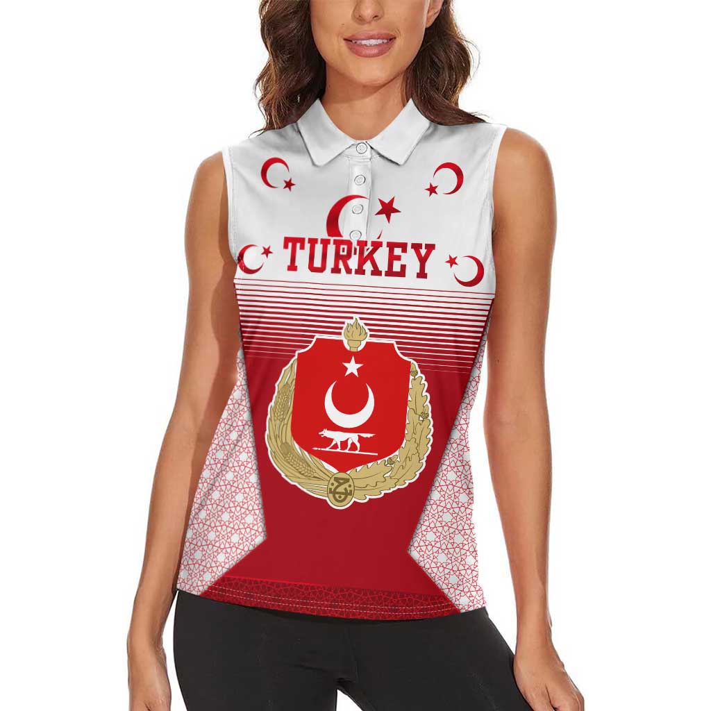 Turkey National Emblem and Cartoon Turkey Bird Women Sleeveless Polo Shirt with Red and White Gradient Design