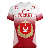 Turkey National Emblem and Cartoon Turkey Bird Women V-Neck T-Shirt with Red and White Gradient Design