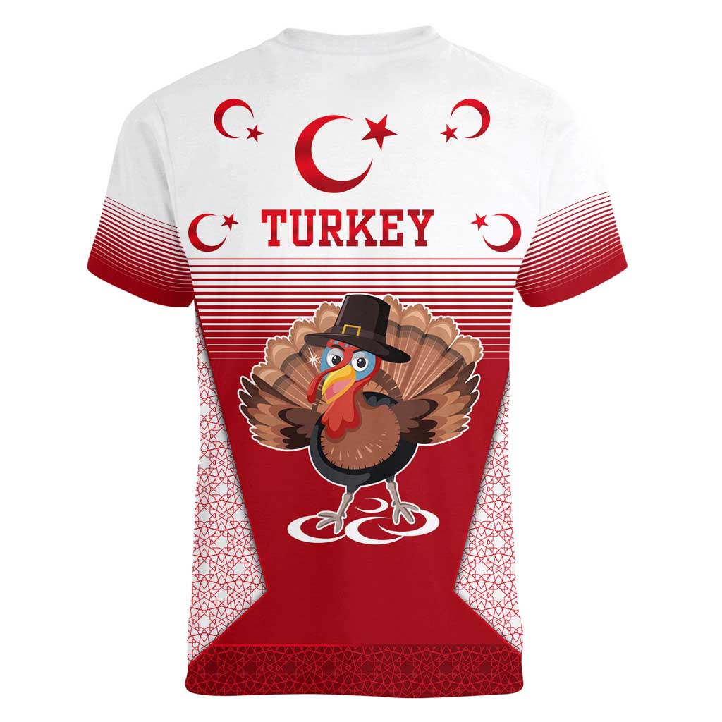 Turkey National Emblem and Cartoon Turkey Bird Women V-Neck T-Shirt with Red and White Gradient Design