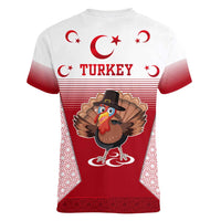 Turkey National Emblem and Cartoon Turkey Bird Women V-Neck T-Shirt with Red and White Gradient Design