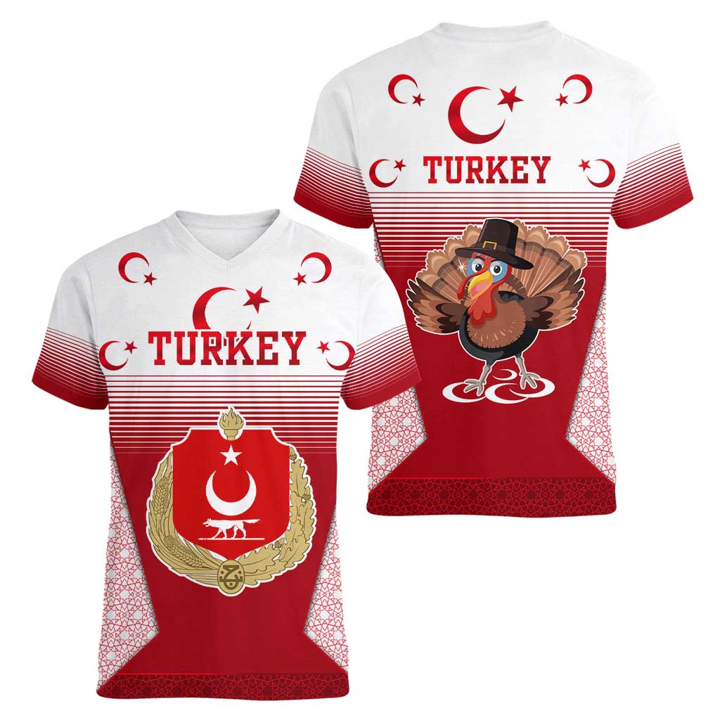 Turkey National Emblem and Cartoon Turkey Bird Women V-Neck T-Shirt with Red and White Gradient Design