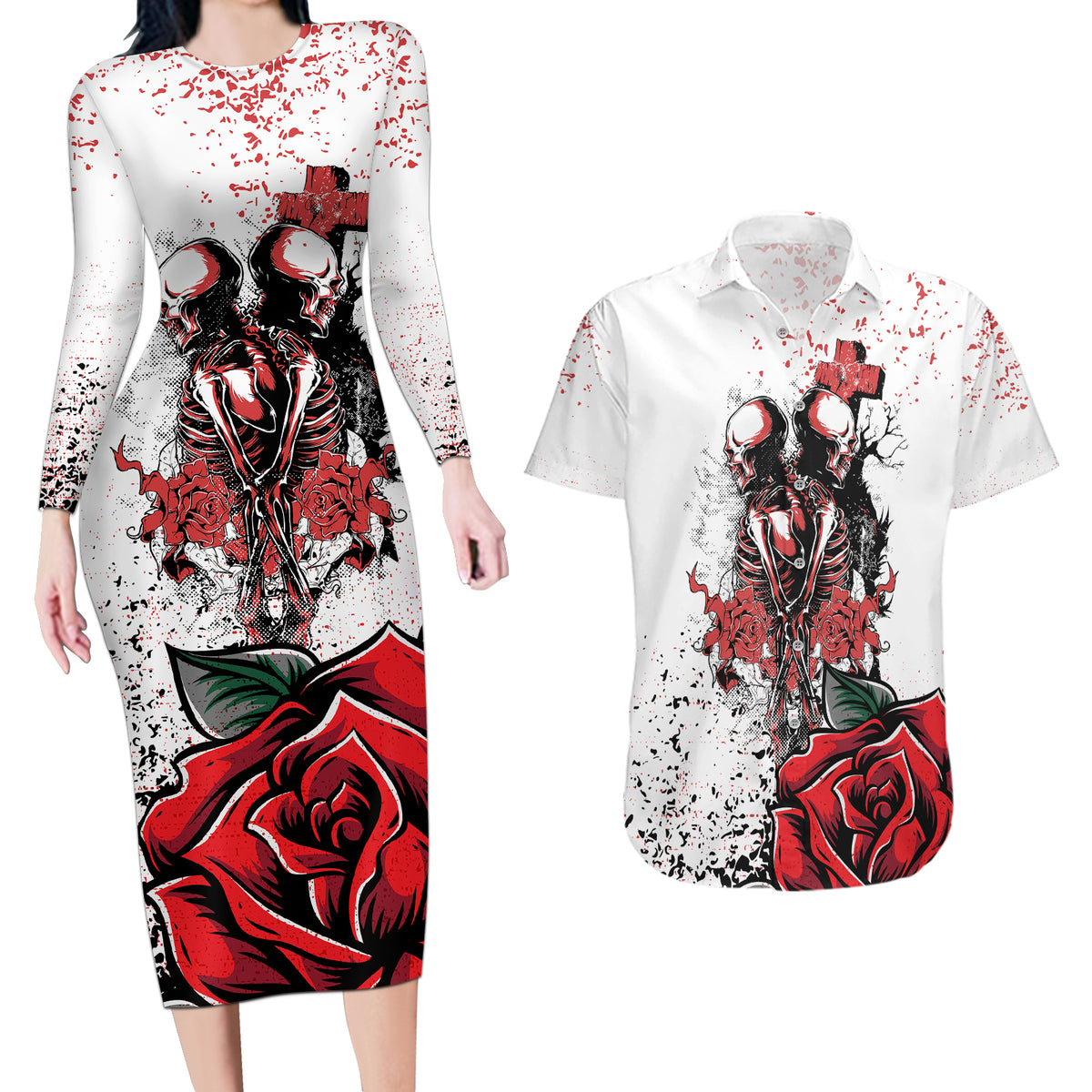 Skeleton Love Couples Matching Long Sleeve Bodycon Dress and Hawaiian Shirt Til Death Do Us Apart - Wonder Print Shop