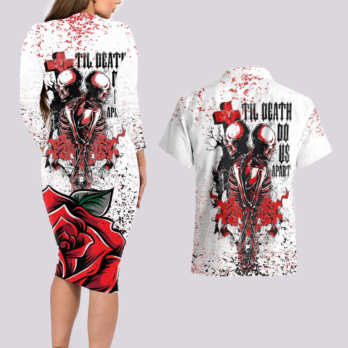 Skeleton Love Couples Matching Long Sleeve Bodycon Dress and Hawaiian Shirt Til Death Do Us Apart - Wonder Print Shop
