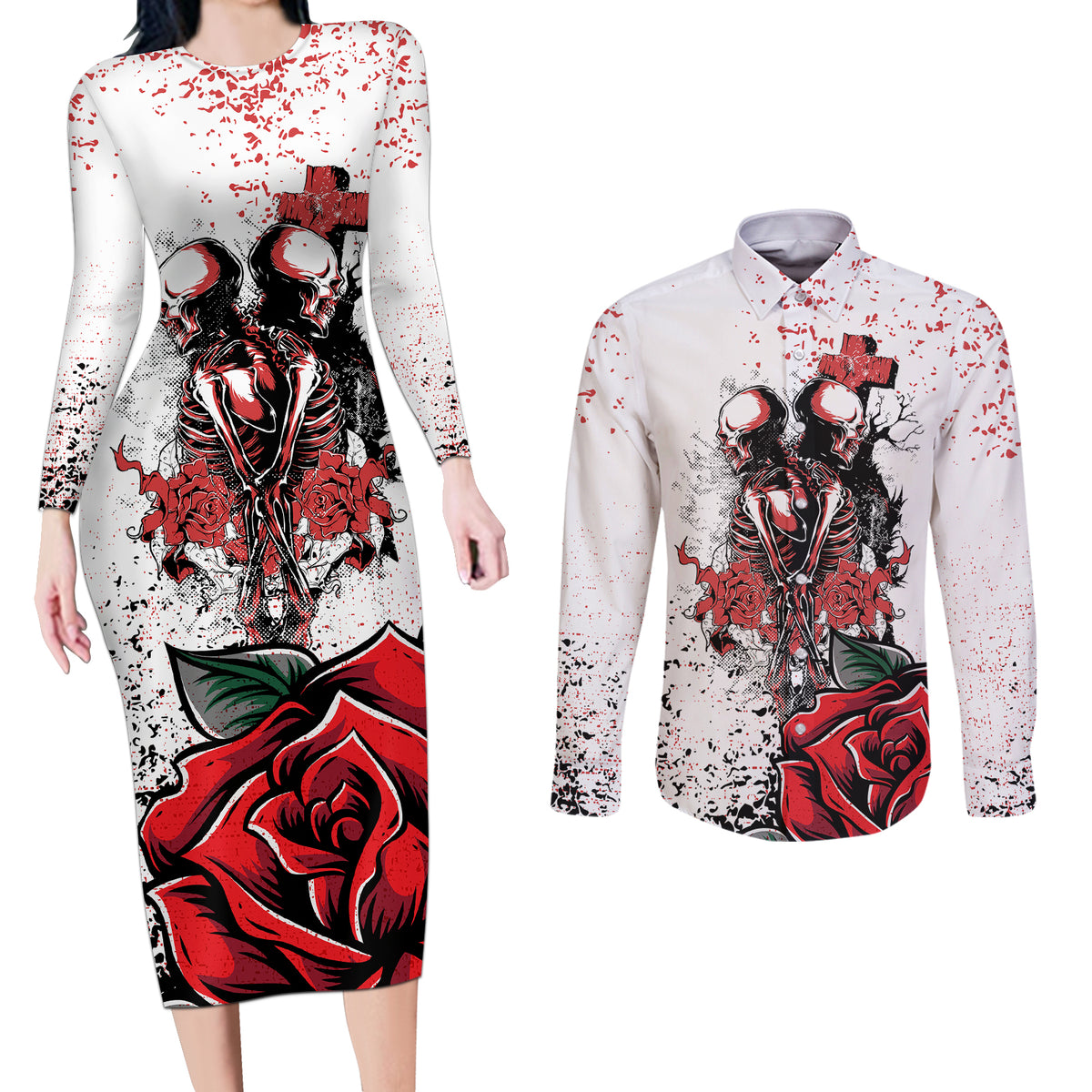 Skeleton Love Couples Matching Long Sleeve Bodycon Dress and Long Sleeve Button Shirts Til Death Do Us Apart - Wonder Print Shop