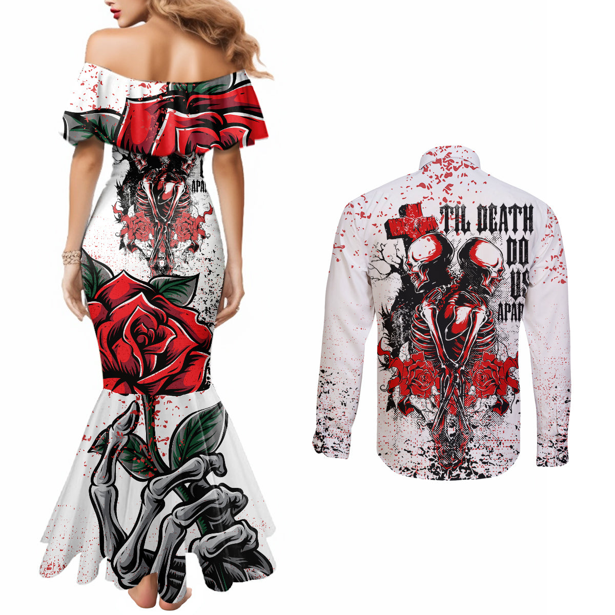 skeleton-love-couples-matching-mermaid-dress-and-long-sleeve-button-shirts-til-death-do-us-apart