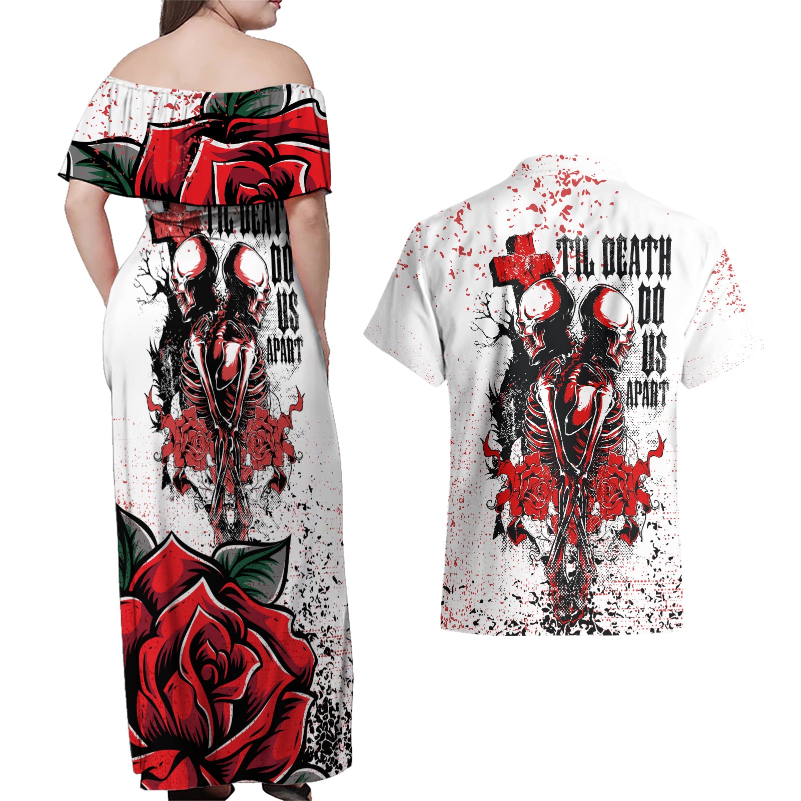 Skeleton Love Couples Matching Off Shoulder Maxi Dress and Hawaiian Shirt Til Death Do Us Apart - Wonder Print Shop