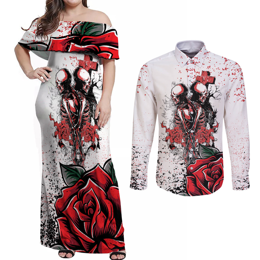 Skeleton Love Couples Matching Off Shoulder Maxi Dress and Long Sleeve Button Shirts Til Death Do Us Apart - Wonder Print Shop