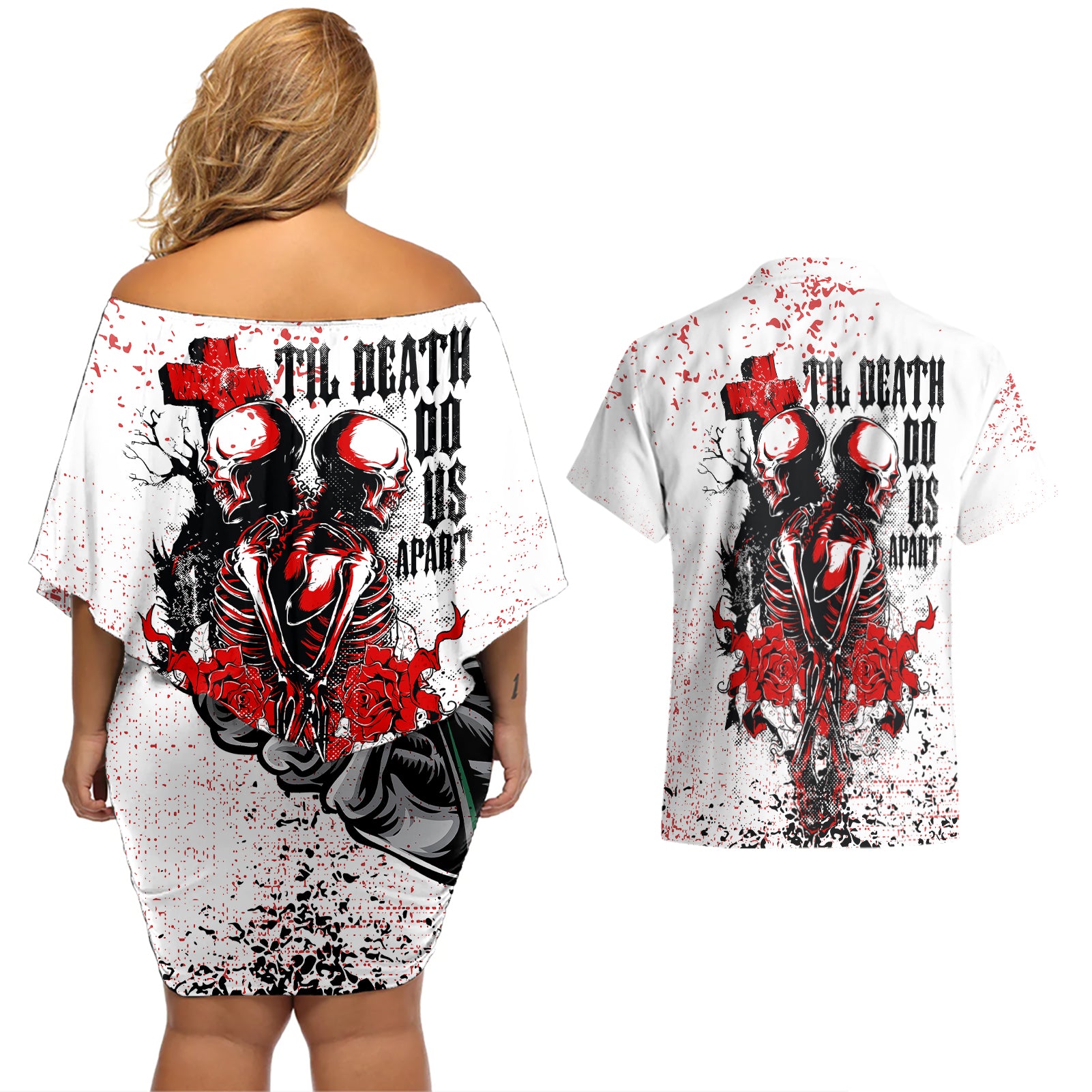 Skeleton Love Couples Matching Off Shoulder Short Dress and Hawaiian Shirt Til Death Do Us Apart - Wonder Print Shop
