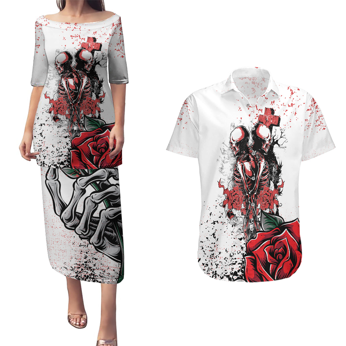 Skeleton Love Couples Matching Puletasi Dress and Hawaiian Shirt Til Death Do Us Apart - Wonder Print Shop