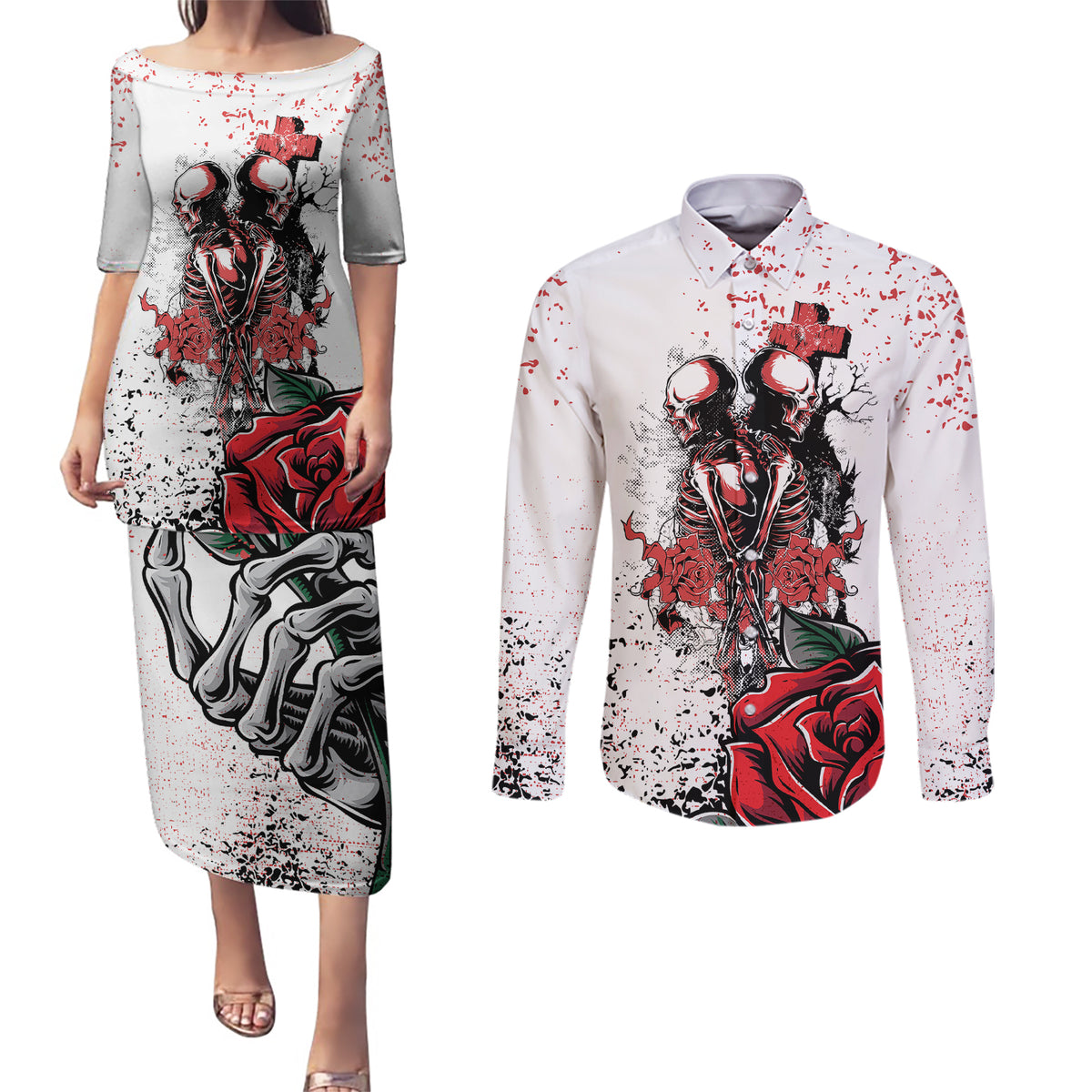 Skeleton Love Couples Matching Puletasi Dress and Long Sleeve Button Shirts Til Death Do Us Apart - Wonder Print Shop