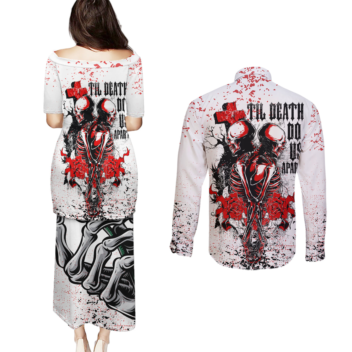 Skeleton Love Couples Matching Puletasi Dress and Long Sleeve Button Shirts Til Death Do Us Apart - Wonder Print Shop