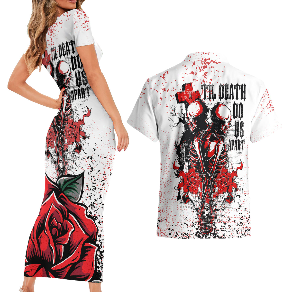 Skeleton Love Couples Matching Short Sleeve Bodycon Dress and Hawaiian Shirt Til Death Do Us Apart - Wonder Print Shop