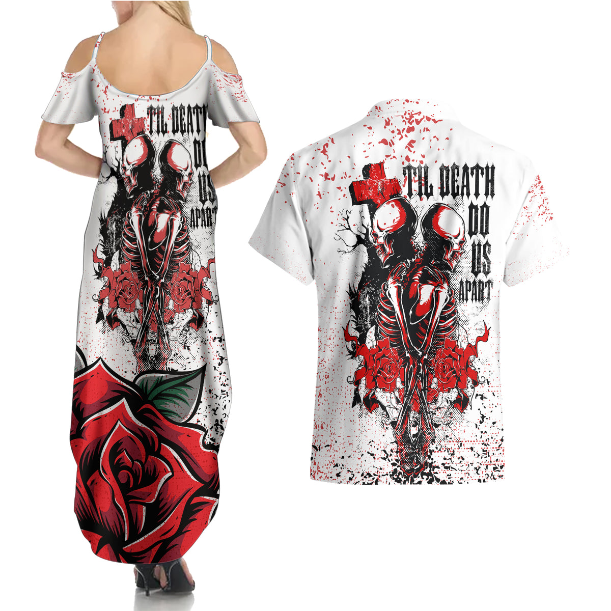 Skeleton Love Couples Matching Summer Maxi Dress and Hawaiian Shirt Til Death Do Us Apart - Wonder Print Shop