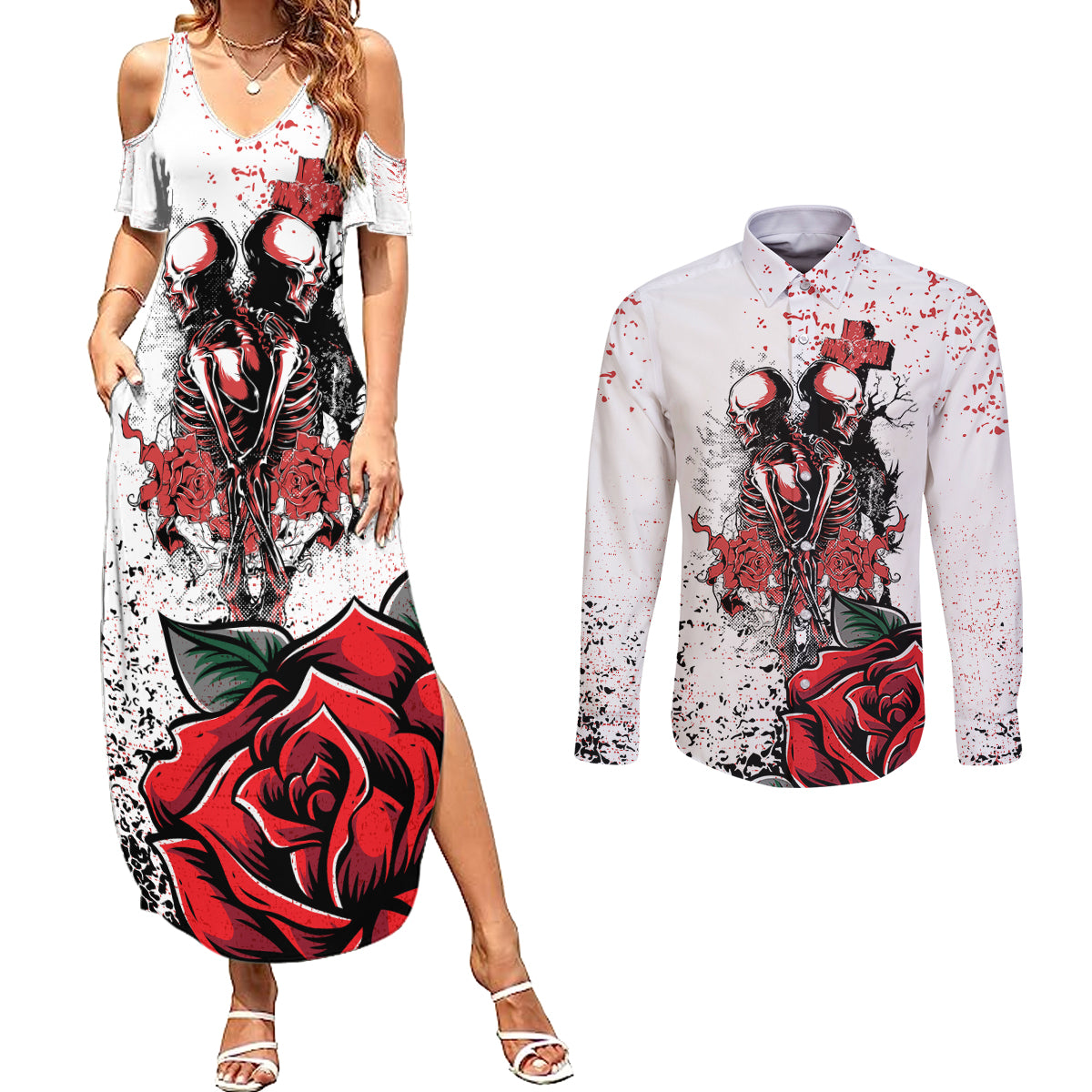 Skeleton Love Couples Matching Summer Maxi Dress and Long Sleeve Button Shirts Til Death Do Us Apart - Wonder Print Shop